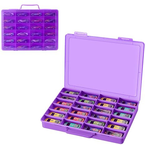 RHCOM Toy Storage Organizer Case for Hot Wheels Car, for Matchbox Cars, for Mini Toys, for Small Dolls. Carrying Box Container Carrier with 24 Compartments.(Box Only) (Purple)