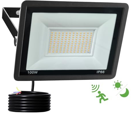 Fosingut 100W Faretto LED da Esterno con Sensore di Movimento,10000LM 120 LEDs Proiettori Faro LED Esterno con Radar Sensore Crepuscolare,3000K IP66 Impermeabile Faretti per Garage,Giardino,Cortil