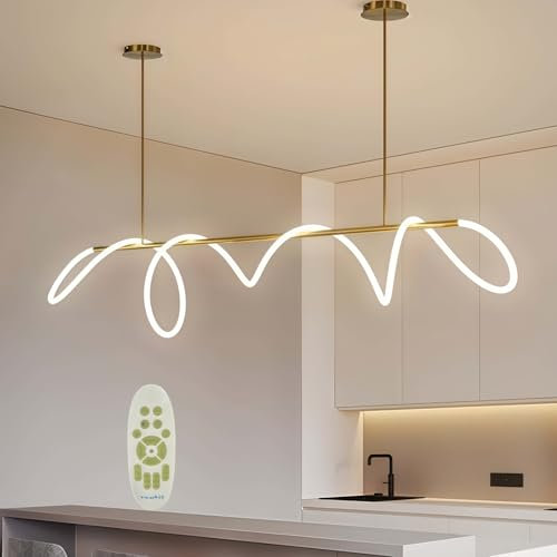 Diossad Led Pendelleuchten Esstisch Dimmbar,Pendant Light Fixtures Mit Fernbedienung,Moderne Linear Design HäNgeleuchte,Esstischlampe HäNgend HöHenverstellbar FüR küche (Golden, L 120cm)