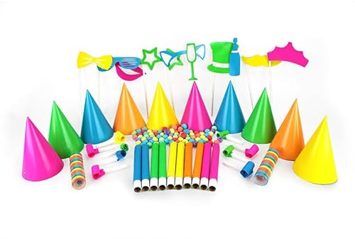 SPARKLERS CLUB Party-Set für 10 Personen, für das neue Jahr 2025. Enthält Hüte, Pfeifen, Luftschlangen, verschiedene Neon-Accessoires. Ideal für Silvester und schaffen Sie unvergessliche Erinnerungen