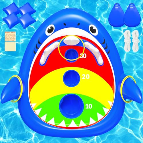 LUVTOY Jouet Piscine Gonflable, Jeux De Lancer D'anneaux Et De Cornhole en Forme De Requin, Matelas Piscine en PVC Épais, 4 Sacs De Haricots Et 5 Anneaux, Bouee Piscine pour Enfants Adultes
