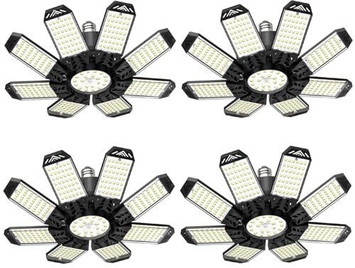 Garagenlampe LED 210W - 4 Stück 21000LM 6500K Sehr Helle LED Werkstatt Deckenleuchte mit 8+1 verstellbarem Panel, Einschraubbare E26/E27 Fassungen Garagenbeleuchtung für Garage, Lager, Keller