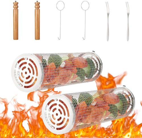 Coptiner Grillkörbe, 304 Edelstahl, rollbarer Grillkorb mit Holzgriff, Grillzubehör für Outdoor-Grill, Camping, Gemüse, Garnelen, Huhn, 2 Stück