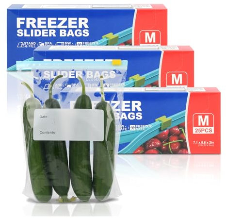 75PCS Zip Lock Food Storage Freezer Bags, TAIYUNWEI Reusable Sandwich Bags with Expandable Bottom–Freezer and Microwave Safe, for Sanwich, Fruit, Snack, Veggie, Grain, Meat (75PCS-Medium-Half Gallon)