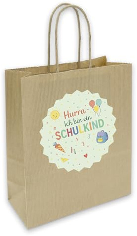 itenga Geschenkverpackung Einschulung Geschenktüte aus Papier inkl. Sticker Aufkleber Endlich Schulkind Tafel rund (Motiv Hurra ich bin ein Schulkind)