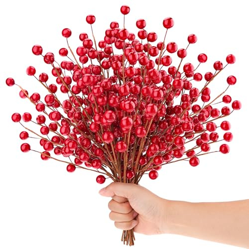 Quancru 10 Stück Künstliche Rot Beeren Stängel 34cm Weihnachts Holly Beere Äste Gefälschter Granatapfel für Heim Ferien Hochzeit Neujahrs Kranz DIY Basteln Vase Floral Auswahl Dekorationen