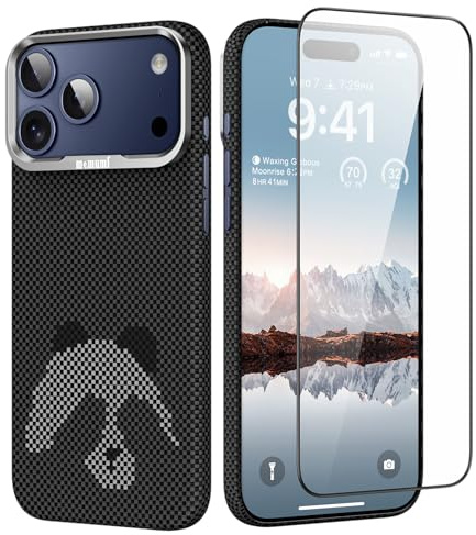 memumi Magnetische Carbon Hülle für iPhone 17 Pro,[mit Schutzfolie] kompatibel mit Mag-Safe,3D Gewebte Aramidfaser handyhülle, Ultradünn Hülle mit Fallschutz für iPhone 17 Pro -Panda