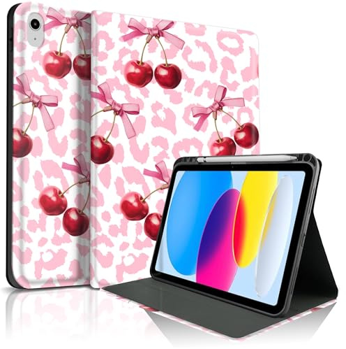 TopPerfekt for iPad 11th (A16)11-inch 2025/10th Generation 10.9-inch 2022 Case,Cute Cherry Chic Stylish Aesthetics Design Protective Cover with Pencil Holder,Anti-Slip,Shockproof-Leopard Pink Cherries
