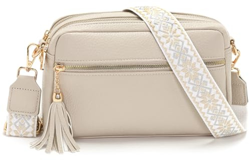 LANXINGLUO Handytasche umhängetasche damen，handtasche damen mittelgroß mit 4 Fächern，mit Verstellbar Abnehmbar Breiter Gurt，crossbody bag Beige