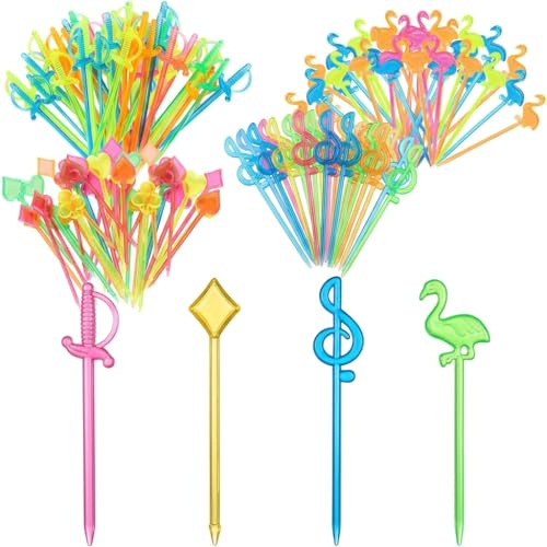 200 brochetas de cóctel, brochetas de fruta, brochetas para aperitivos infantiles, de plástico, 4 formas: flamenco, espada, notas musicales, póker, palillos de dientes para fiestas, palillos para snac