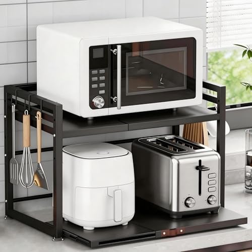 BELIFEGLORY Expandable Microwave Oven Rack, Kitchen Countertop Over Microwave Stand Shelf Unit, Kitchen Worktop Organiser for Air Fryer, Space Saving Standing Baker's Racks (Black/Drawer)
