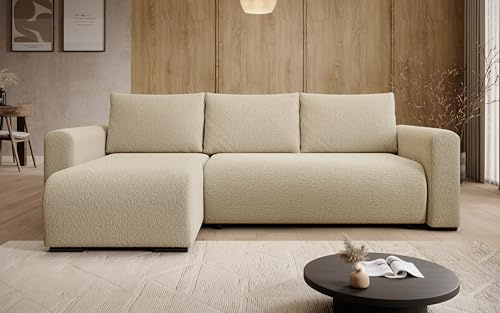 storez24 Ecksofa Tally, Eckcouch in L-Form mit Schlaffunktion und Bettkasten, Farbe: Creme, Bouclé-Stoff, Ottomane Links