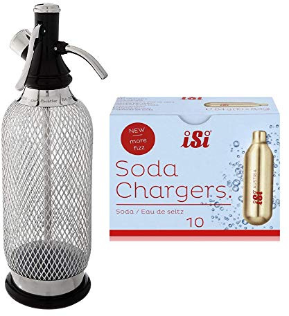 iSi Classic Steel Mesh SodaMaker Bottle (1 Quart) with CO2 Soda Siphon Chargers (10-Pack) Bundle - For making sparkling water beverages