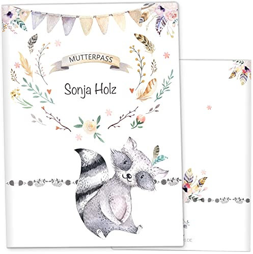 OLGS Mutterpasshülle 3-teilig personalisiert Boho Freunde | Baby Schwangerschaft Geschenkidee Schutzhülle für den Mutterpass | Für werdende Mütter (Mutterpass personalisiert, Waschbär)