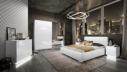 lukmebel Schlafzimmer-Set 1 x Polster-Schlafbett B140 x L200 cm, 1 x Schrank B244 x H214 x T62 cm mit Schiebetüren, 2 x Nachttisch mit LED 55 x 49 x 37 cm, Hochglanz-Optik, Madryt 920