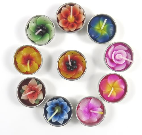 Teelichter und Nachfüllpackungen für Teelichter, bestehend aus 10 Duftkerzen in Blumenform (Hibiskus-, Lys-, Sakura-, Lotus-, Rose, Frangipani)