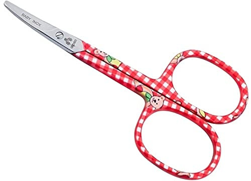 Alpen Baby-Nagelschere, abgerundet, Stahl AISI 420 rostfrei, gebogen, 9.0 cm, rotes Muster