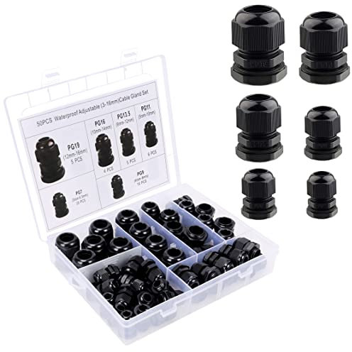 Belle Vous 50pz Pressacavi Elettrici Regolabili - Passacavi Elettrici Plastica da 3-16 mm PG7, PG9, PG11, PG13,5, PG16 e PG19 - Raccordo Scatola Cavo Impermeabili con Controdado per Casa e Industria