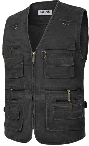 Yukirtiq Homme Gilet de Pêche Veste de Photographie Casual Manteau sans Manche d'extérieur Camping Décontracté Multi Poches Pêche Gilets Coton, Noir, XXL