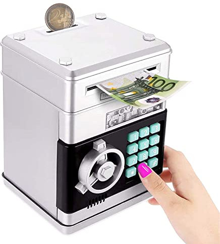 Auped Hucha electrónica con contraseña, Hucha Mini Hucha, Banco de Dinero de Las contraseñas para Dinero en Efectivo, Monedas, Mini Monedas, Mejor para niños (Plata)