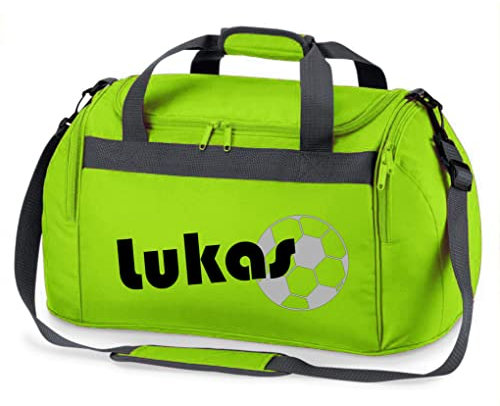 Sporttasche mit Namen | inkl. NAMENSDRUCK | Motiv Fußball | Personalisieren & Bedrucken | Reisetasche Jungen Ball Sport-Verein | blau schwarz (apfelgrün)