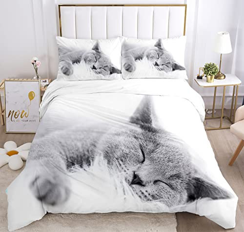 JEFFEL Katze Bettwäsche Set 135 x 200 cm, Tiermotiv, Kinderbettwäsche, Cat Muster Bettbezug 3D Haustier Katze Bettbezug Set, mit Bettbezug und Kissenbezug (200 x 200 cm, Katze-3)