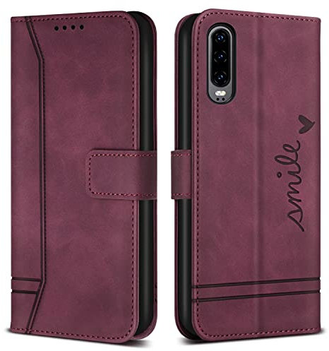 Bravoday Hülle für Huawei P30, PU Ledertasche Handyhülle Flip Schutzhülle für Huawei P30, mit Kartenfäch & Kickstand, Weinrot