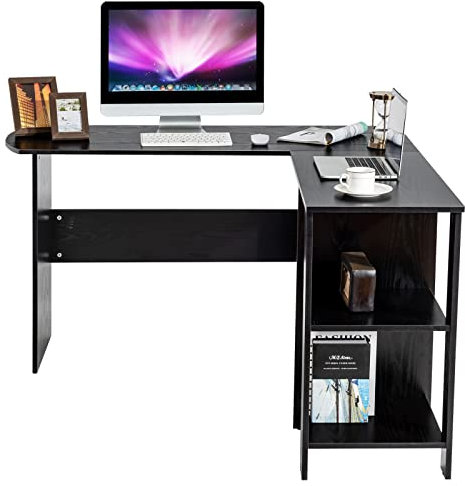 GIANTEX Computertisch mit 3 Regalen, L-förmiger Tisch für Studio, Gaming, Büro, platzsparend, industrielles Design, 130 x 130 x 72,3 cm, Schwarz