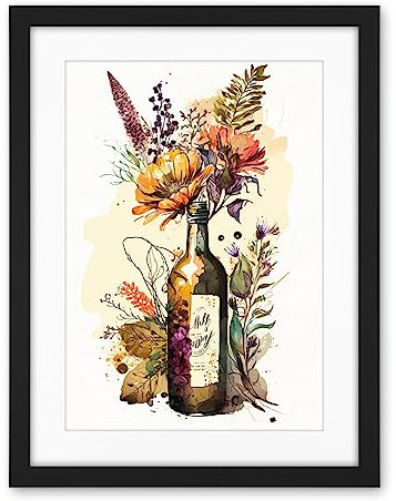 Artery8 Wildflower Bouquet in Upcycled Glass Wine Bottle Artwork Framed Wall Art Print 18X24 Inch