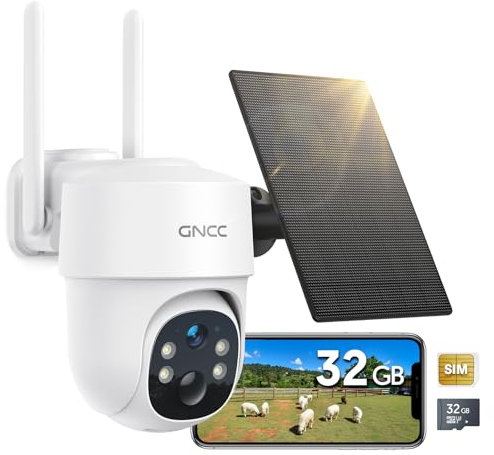 GNCC Camara Vigilancia Exterior Solar con Tarjeta SIM 4G Bateria 2K Cámara de Vigilancia sin WiFi con Visión Nocturna en Color e Infrarroja, Detección PIR, 360°PTZ, Audio Bidireccional, IP66(NO WiFi)