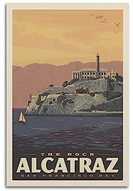 ROOKE Vintage Trave Poster Alcatraz Island CA Poster Dekorative Malerei Leinwand Wandposter und Kunstdruck Modern Familie Schlafzimmer Dekor Poster 40 x 60 cm