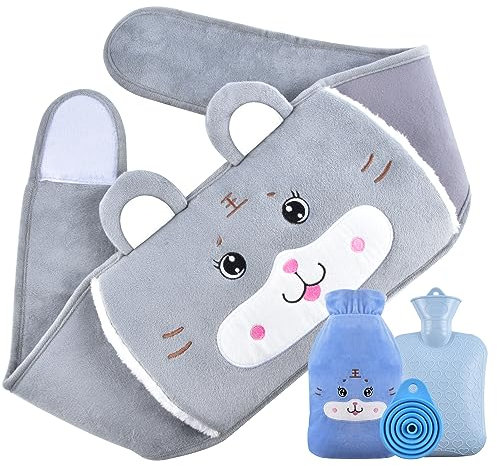 IDOMISMR Wärmflasche, Wassergefüllter Wärmbeutel mit Hüftgurt und weichem Plüsch und Flaschenbezug Körperwärmer mit faltbarem Silikon Trichter, ideal für Nacken, Rücken, Schulter und Beine