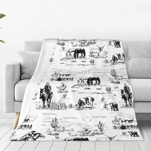 Weiß-schwarzer Cowboy-Kuh-Druck, Western-Fleece-Überwurf, Flanelldecke, weich, gemütlich, warm, Dekoration, Überwurf, leichte Decken für Camping, Outdoor, Couch, Sofa, Bett, Stuhl, 80 x 60 cm