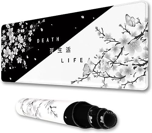 Tapis de Souris XXL 1200x600x2mm Grand Tapis de Souris de Jeu Fleur Blanche Noire avec Bords Cousus Surface Spéciale Améliore la Précision pour Souris Claviers Gamer Bureau