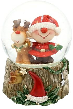 ***Schneekugel - Weihnachtsmann - Weihnachtself mit Rentier - auf Sockel in Holzoptik, L/B/H/Ø Kugel 6,5 x 7 x 9 cm Ø 6,5 cm