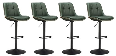 VASAGLE Barhocker 4er Set, Barstühle höhenverstellbar, drehbare Küchenhocker, gesteppter PU-Bezug, mit Rückenlehne und Fußstütze, Esszimmer, Theke, Stahl, waldgrün LJB295C01