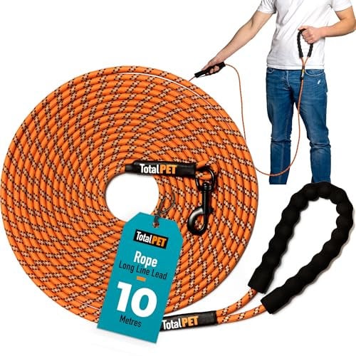 Total Pet Rope Training Lead for Dogs - Long Line Dog Lead for Training Recall & Commands at Distance W/Control Handle (10m)