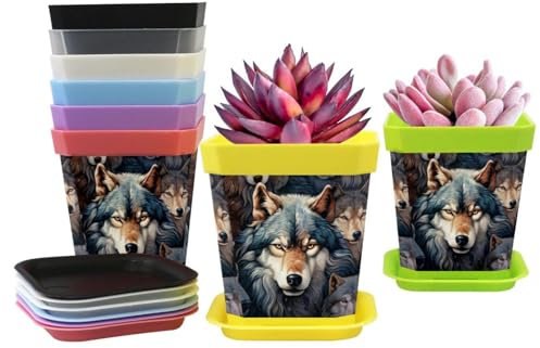 Lot de 8 pots de fleurs avec bases - Motifs loups - Petits pots de fleurs pour plantes grasses intérieur/extérieur - Pour jardin et chambre d'enfant