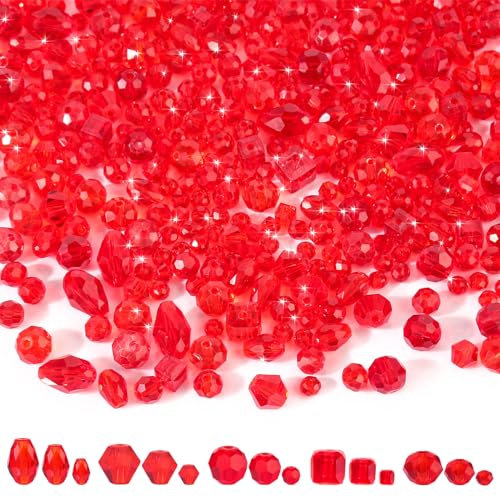 900 Stück Glasperlen, Rote Perlen zum Auffädeln in Verschiedenen Größen, Glasperlen zum Auffädeln, Glass Beads für Armbänder, Halsketten, Bastelarbeiten (4/6/8 mm)
