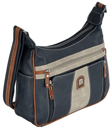 EAAKIE Damen Tasche, Schultertasche, Handtasche, Umhängetasche mit Leder Optik und vielen Fächern (BLAU-GRAU)