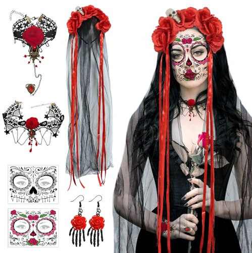 TECHEEL Lot de 6 serre-têtes Dia De Los Muertos - Pour Halloween - Tatouages temporaires - Gants en dentelle - Collier et boucles d'oreilles pour carnaval, Halloween, fête, cosplay