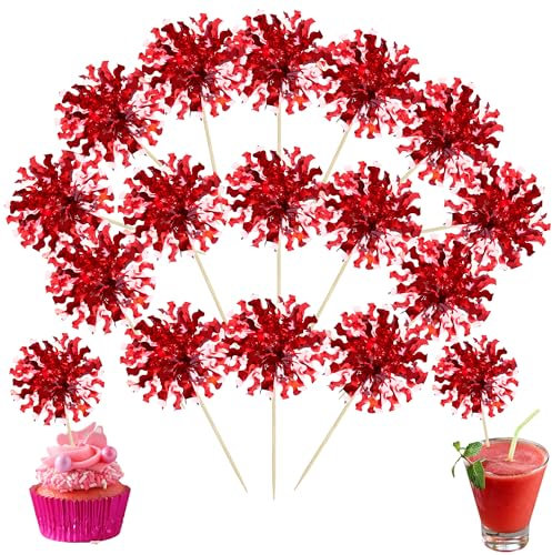 Ephlyn 30Pcs Foil Firework Cupcake Toppers Happy Birthday Cake Toppers Tinsel Flower Drink Stirrers Cocktail Food Fruit Toothpicks for Valentine's Day Party Decorations Red