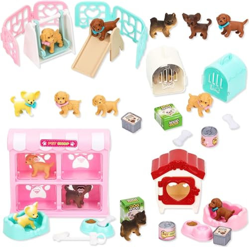 27 Pièces Figurines de Chiens Miniatures, Mini Figurines de Chien Réalistes, Accessoires de Maison de Poupée Miniature avec Toboggan, Balançoire, Chenil, Cage, Croquettes Chien pour Jardin Miniature