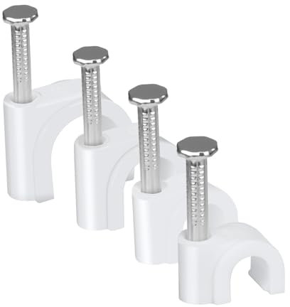 LeMotech 400pcs Cable Clips 5/6/8/10mm Round Cable Nail Clips Cable TacksWire Wall Clips with Steel Nails for Cable Cord Management RG6 RG59 CAT5 CAT6 RJ45 Electrical Ethernet Coaxial Clamps, White