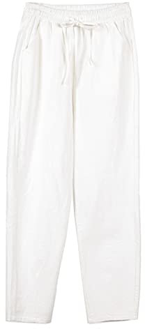 Generico Pantalone Leggero Donna Pantaloni Palazzo in Lino di Cotone a Vita Alta da Donna Estivi Pantaloni Lunghi a Gamba Larga con Tasca Pantaloni Comodi Donna per Stare in Casa (White, L)