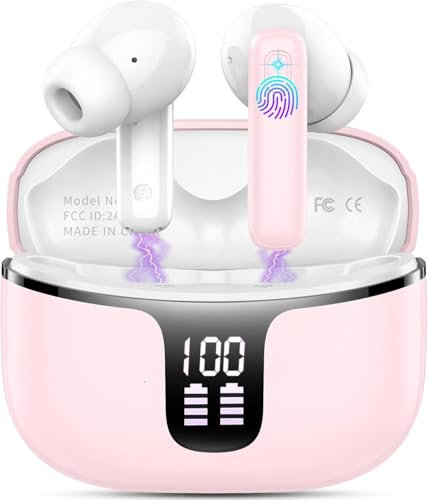 Bluetooth Kopfhörer, Kopfhörer Kabellos Bluetooth 5.3 mit 4 ENC Mic, In Ear Kopfhörer 40std Spielzeit Tiefer Bass,2025 Noise Cancelling Wireless Earbuds IP7 Wasserdicht Ohrhörer LED Anzeige USB-C Rosa