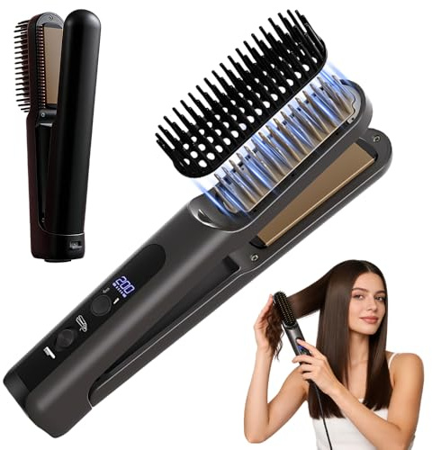 NAVESO Hair Straighteners for Women, 2 in 1 Ionic Hair Straightener Brush for Short Hair, Flat Iron Hair Straightener with 4 Adjustable Heat, Hot Comb Heated Brush, Portable Ceramic Styling Brush