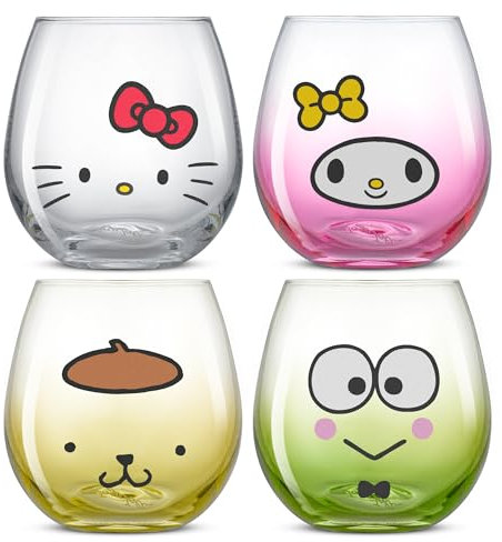 JoyJolt Sanrio Hello Kitty & Friends Hello Sippy, bicchieri in vetro senza stelo da 425,2 g, set di bicchieri da 1,2 m Hello Kitty Keroppi My Melody Pompompurin, carini bicchieri per acqua, succo,