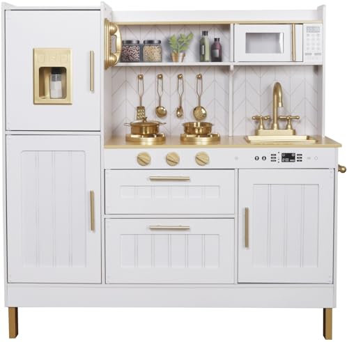 Leomark Cocina Infantil de Madera - Grande/Oro - con microondas, Dim: 96,5 x 30 x 103 cm - Accesorios Dorados, exclusivos y Bonitos