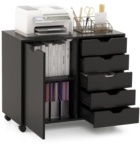 GOPLUS Rollcontainer mit Schubladen, mobiler Aktenschrank mit Schrank, Büroschrank mit 5 Rollen, für Drucker & Bücher, 78 × 39 × 65cm (Schwarz)